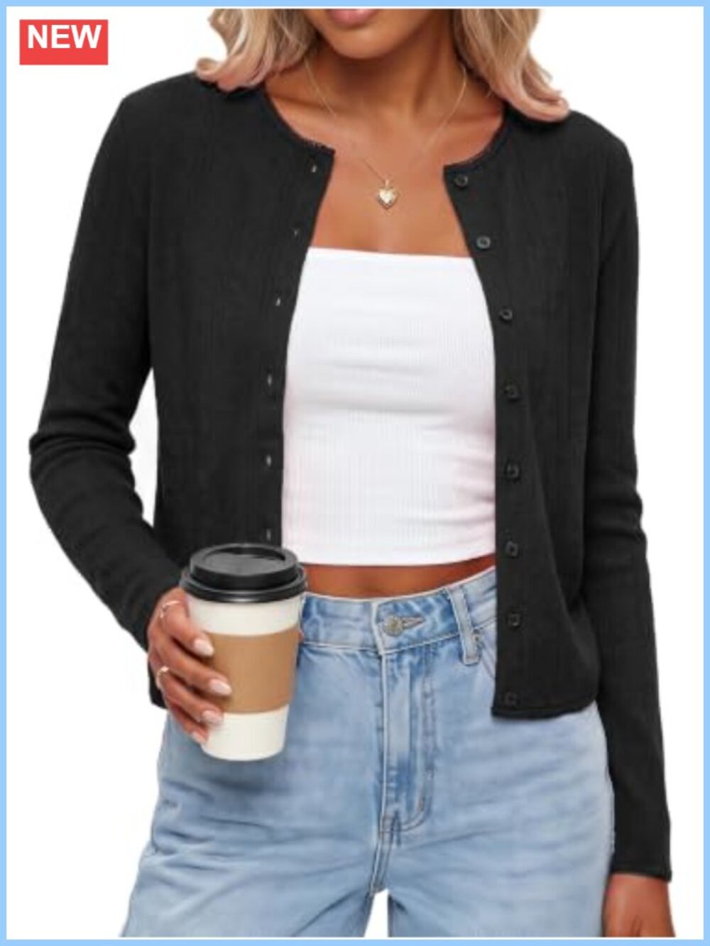 100% Cotton Cropped Cardigan Lightweight Crewneck Sweater